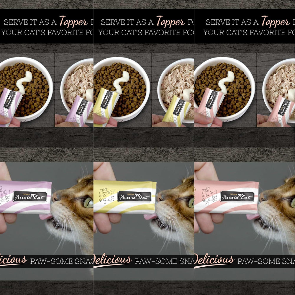 Fussie Cat tuna puree chicken tubes, a protein-rich flavor option.