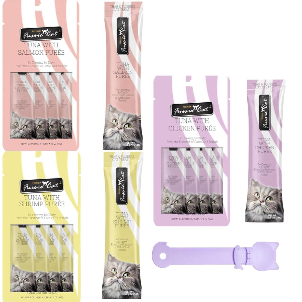 Fussie Cat tuna puree salmon tubes offer a savory option for picky eaters.