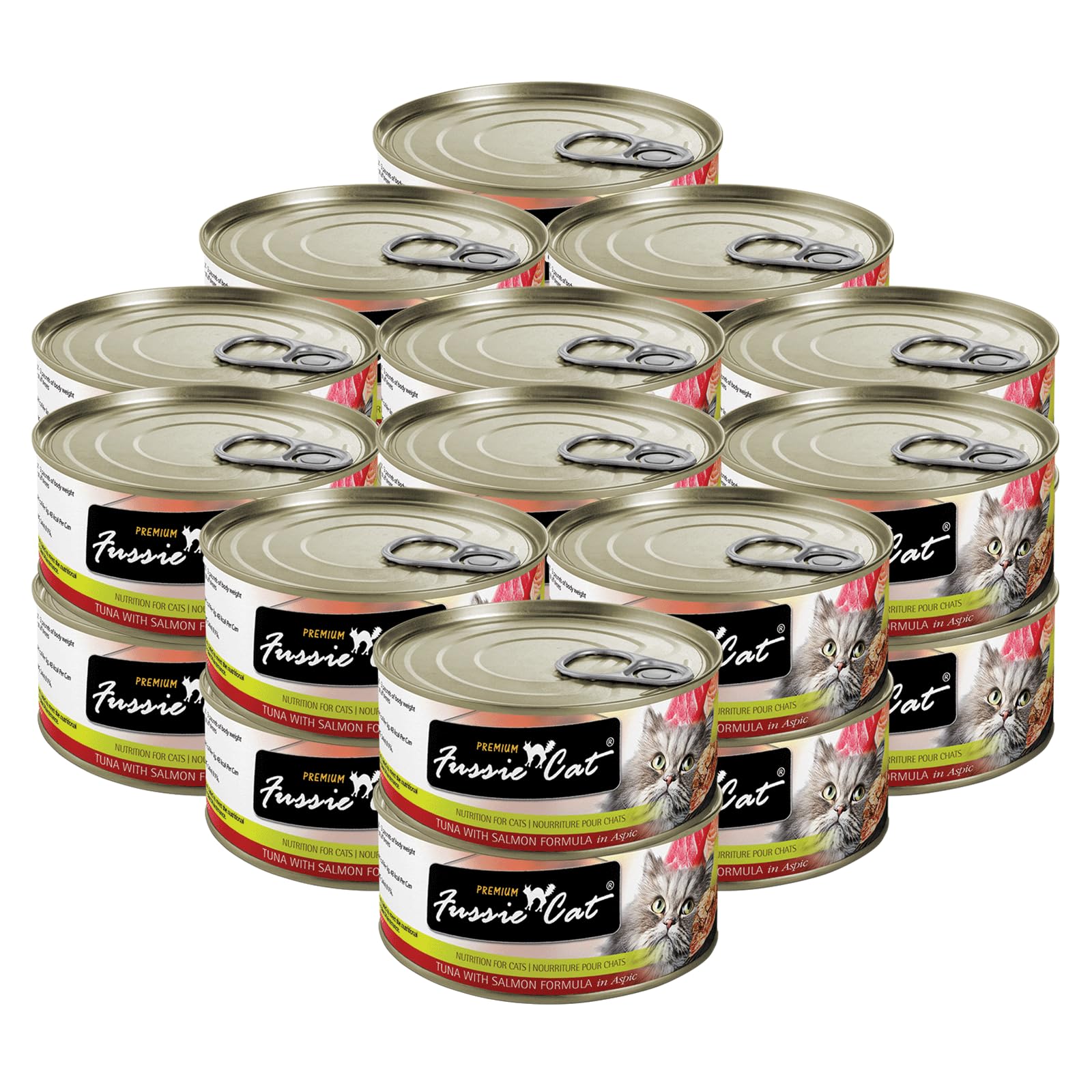 Fussie Cat tuna-salmon-aspic can close-up for premium meal option