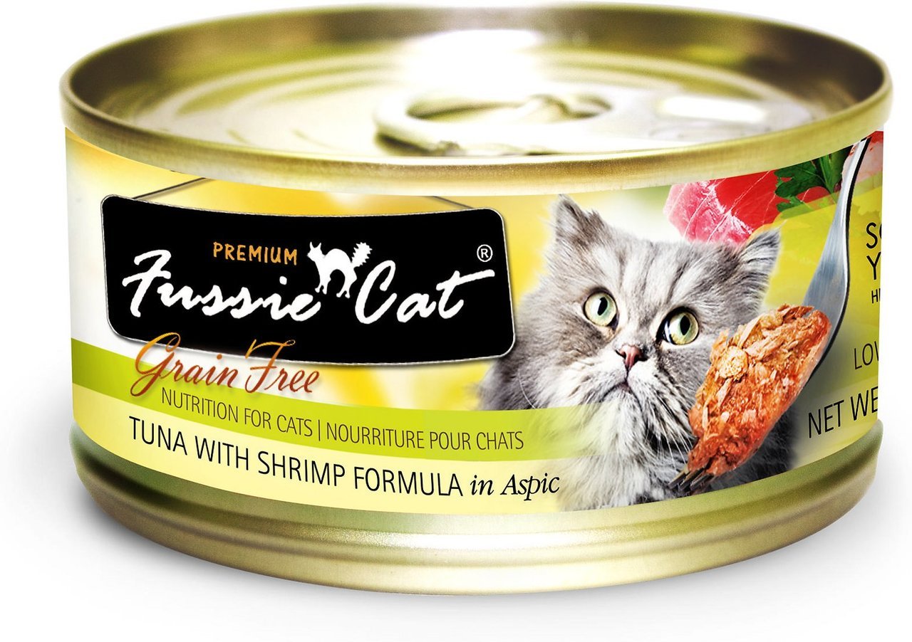 Fussie Cat Tuna & Shrimp can, rich in Omega-3 and Omega-6 for feline nutrition