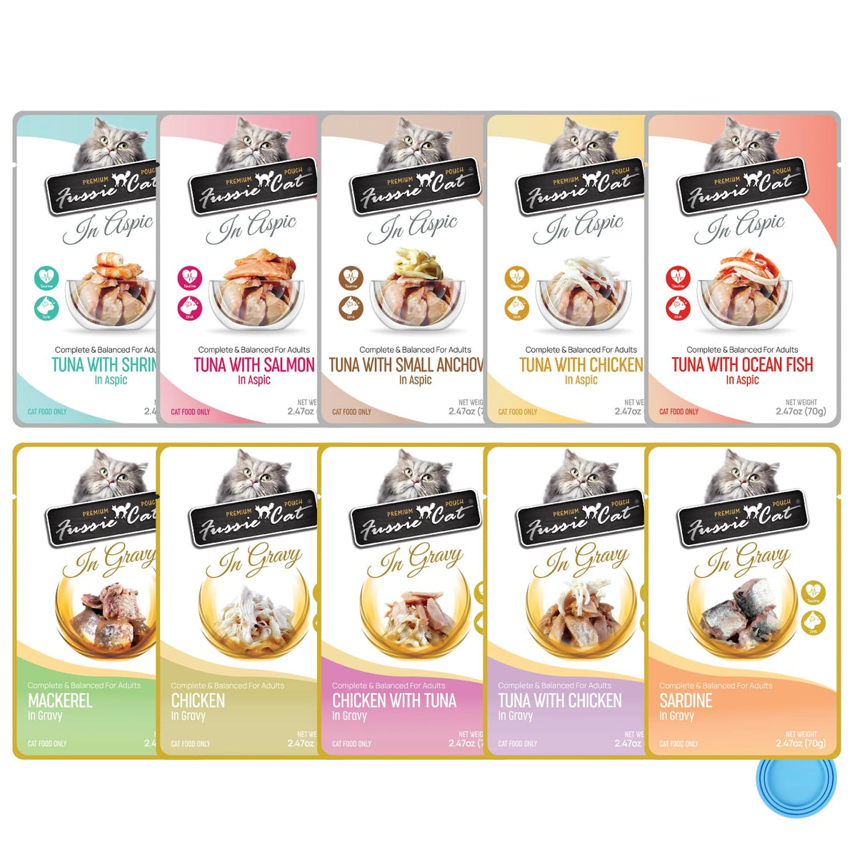 Fussie Cat variety pack with 10 flavors in convenient 2.47 oz pouches for easy feeding.