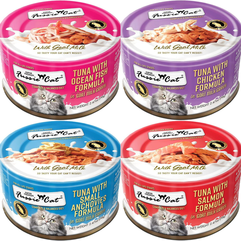 Fussie Cat Variety Pack of 12 Cans image emphasizes value and convenience.