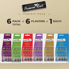 Fussie Cat six-flavor variety pack on display for daily flavor exploration