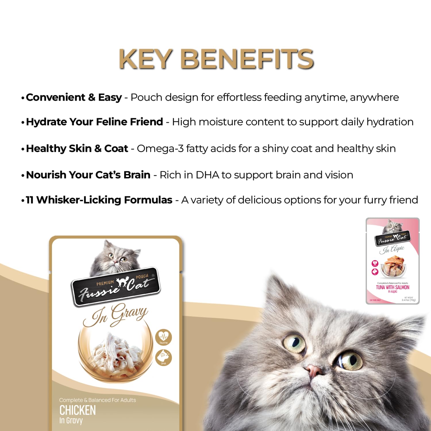 Fussie Cat aspic texture wet food pouches for varied textures.