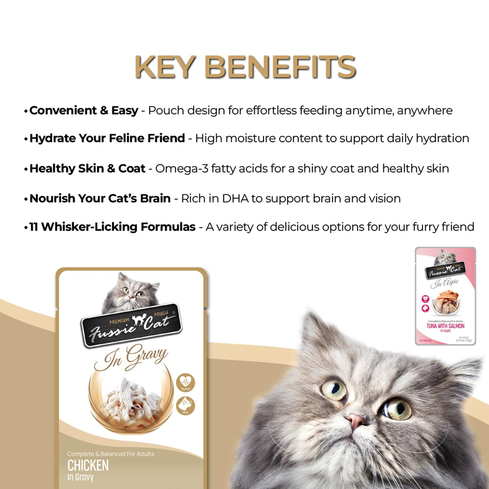 Fussie Cat aspic texture wet food pouches for varied textures.