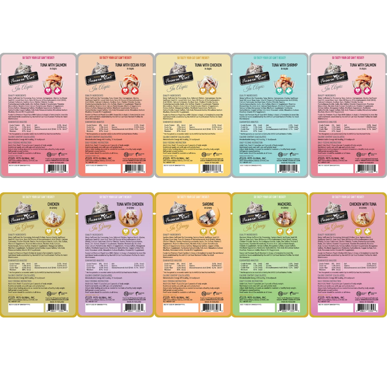 Fussie Cat wet food in gravy texture pouches offering flavorful, moist meals.