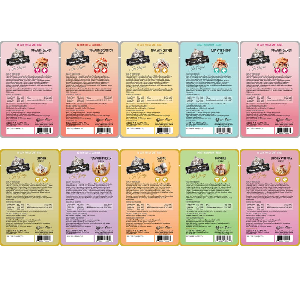 Fussie Cat wet food in gravy texture pouches offering flavorful, moist meals.