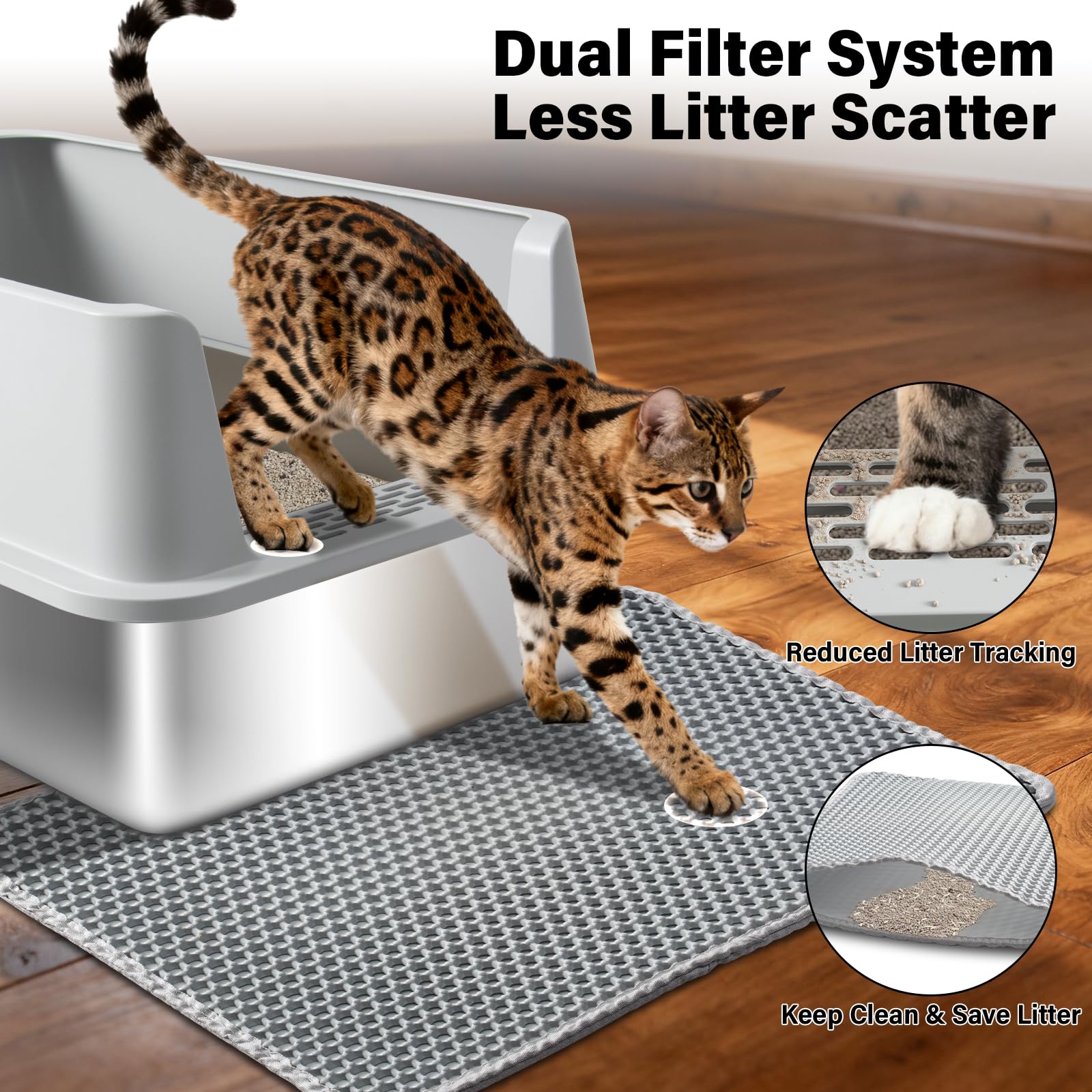 FUTAM non-stick surface on XL stainless steel litter box for quick cleaning