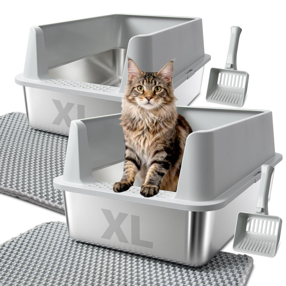FUTAM 2-pack XL stainless steel litter box with open top for quick scooping.