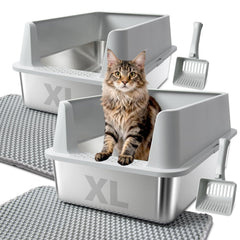 FUTAM 2-pack XL stainless steel litter box with open top for quick scooping.