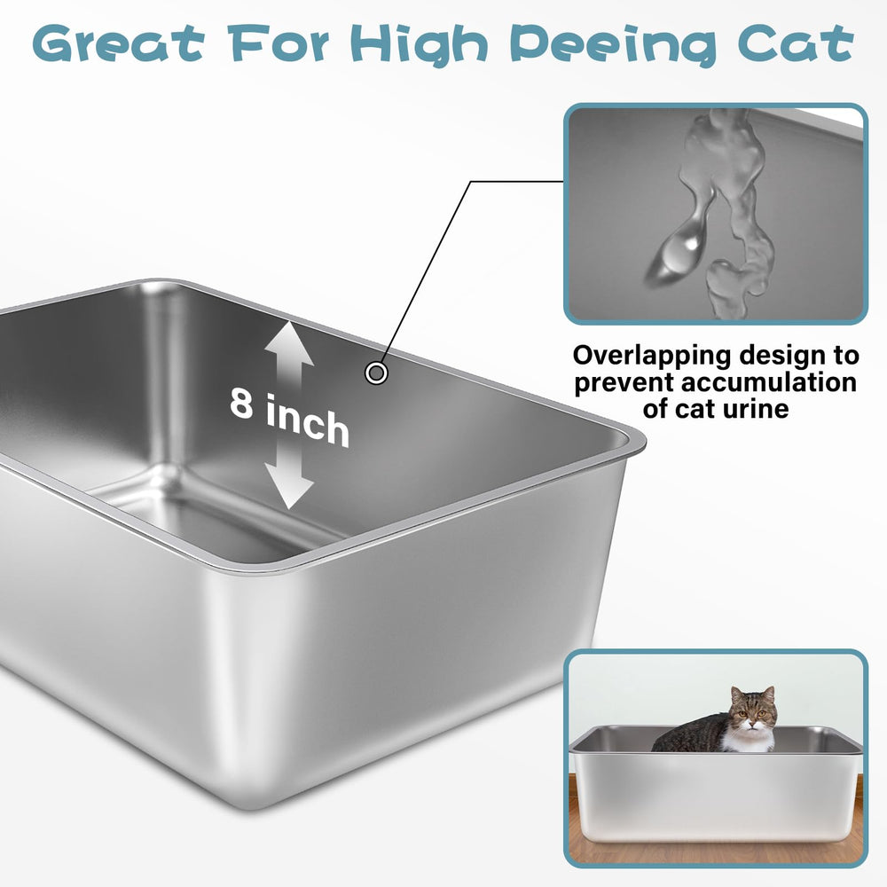 FUTAM litter box eight-inch high sides contain litter effectively.