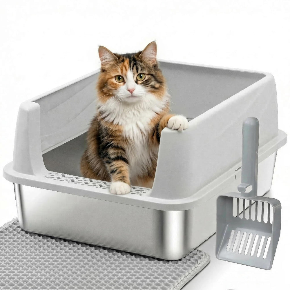 FUTAM stainless steel litter box with lid for easy, mess-free cleaning