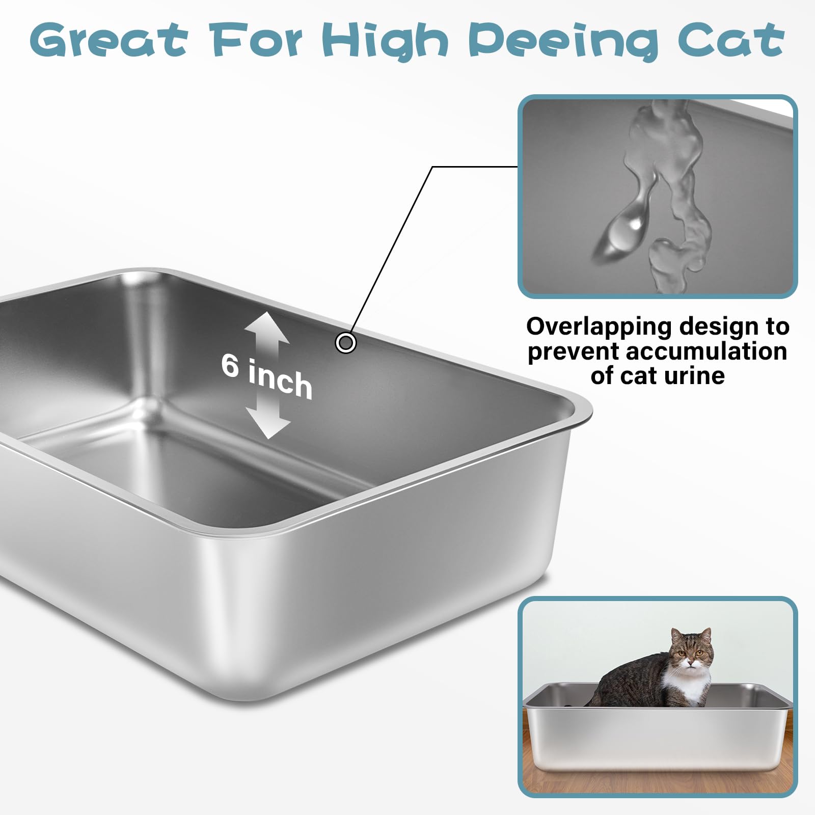 FUTAM stainless steel litter box with non-stick surface for easy cleaning