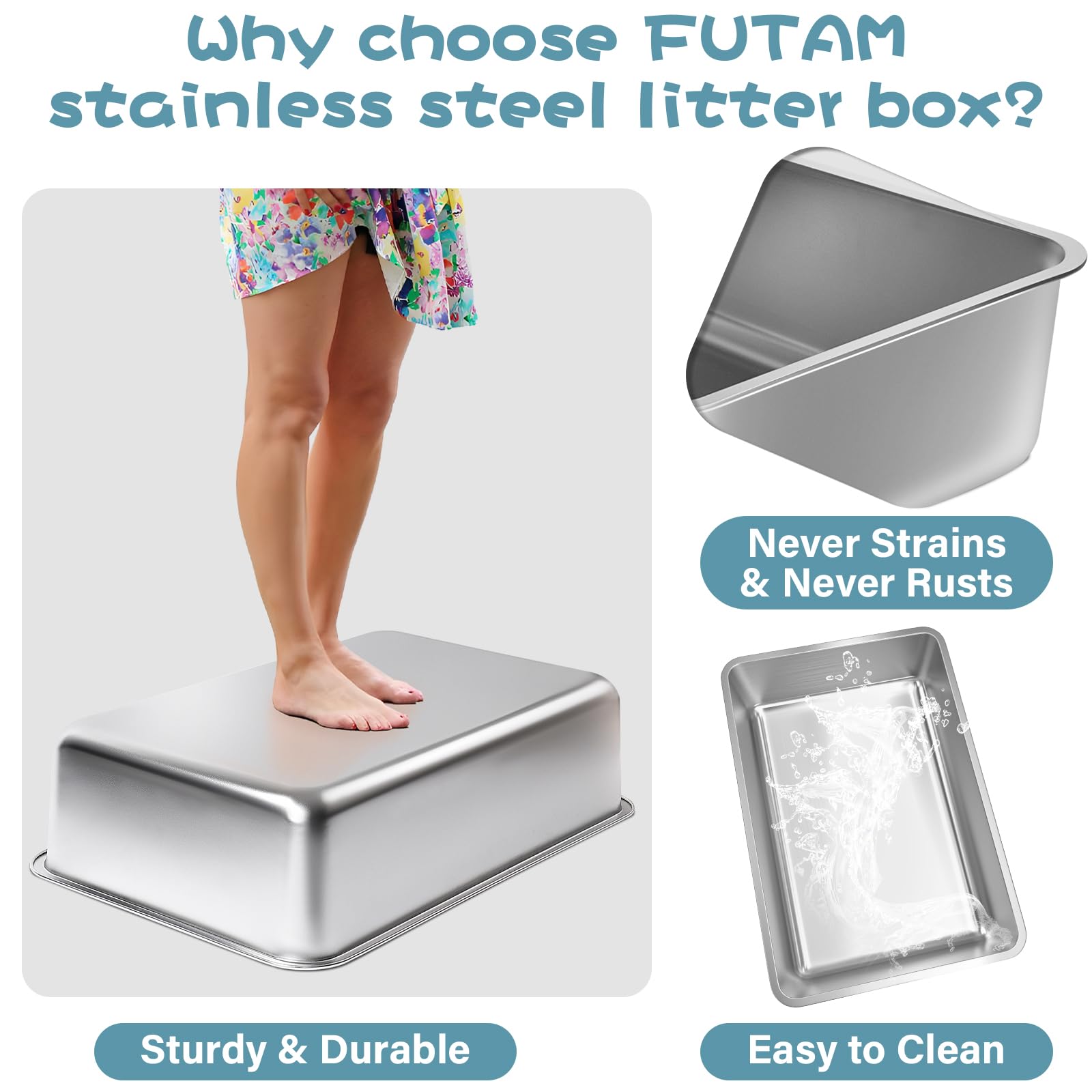 FUTAM easy-clean stainless steel litter box interior