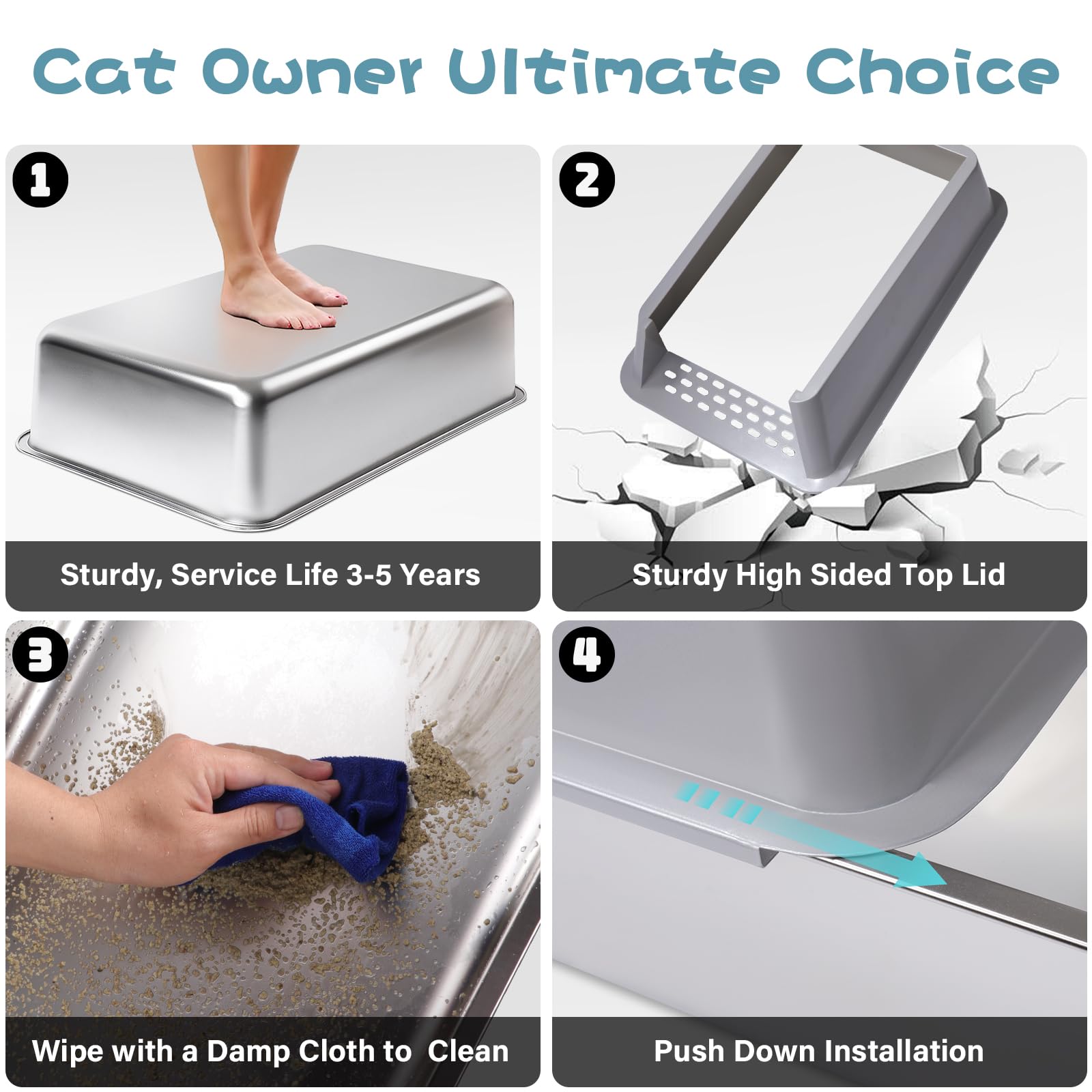 FUTAM high-side 6-inch stainless steel litter box design