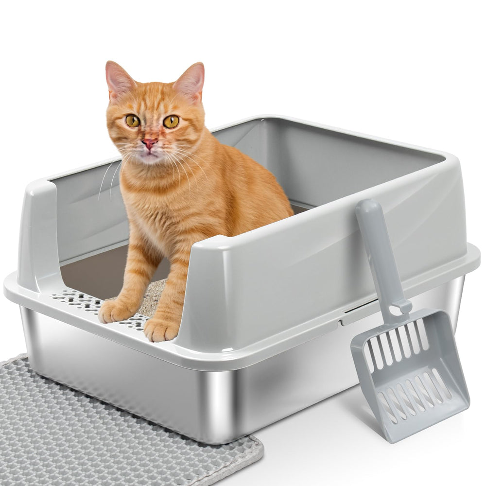 FUTAM stainless steel litter box with lid keeps litter contained and tidy