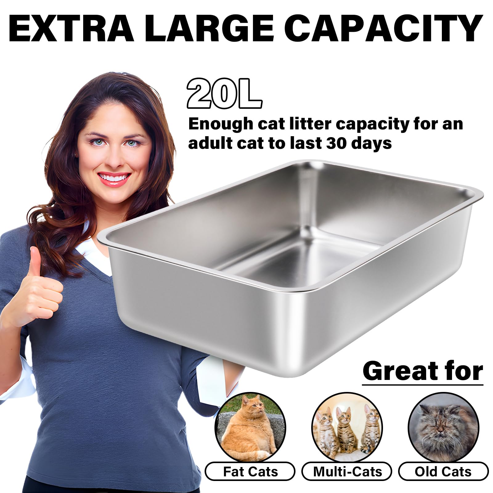 FUTAM rounded-corner stainless steel litter box for safe use