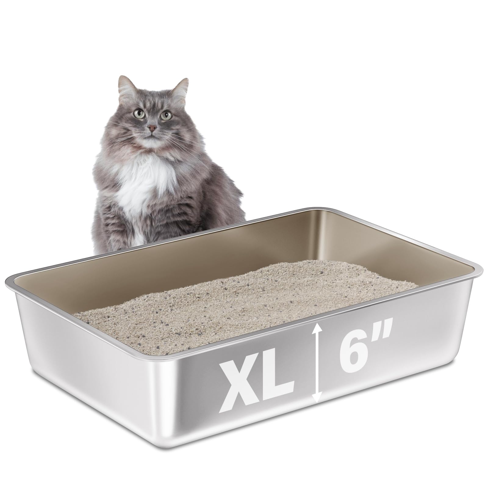 FUTAM stainless steel litter box with XL dimensions offering ample space for large cats.