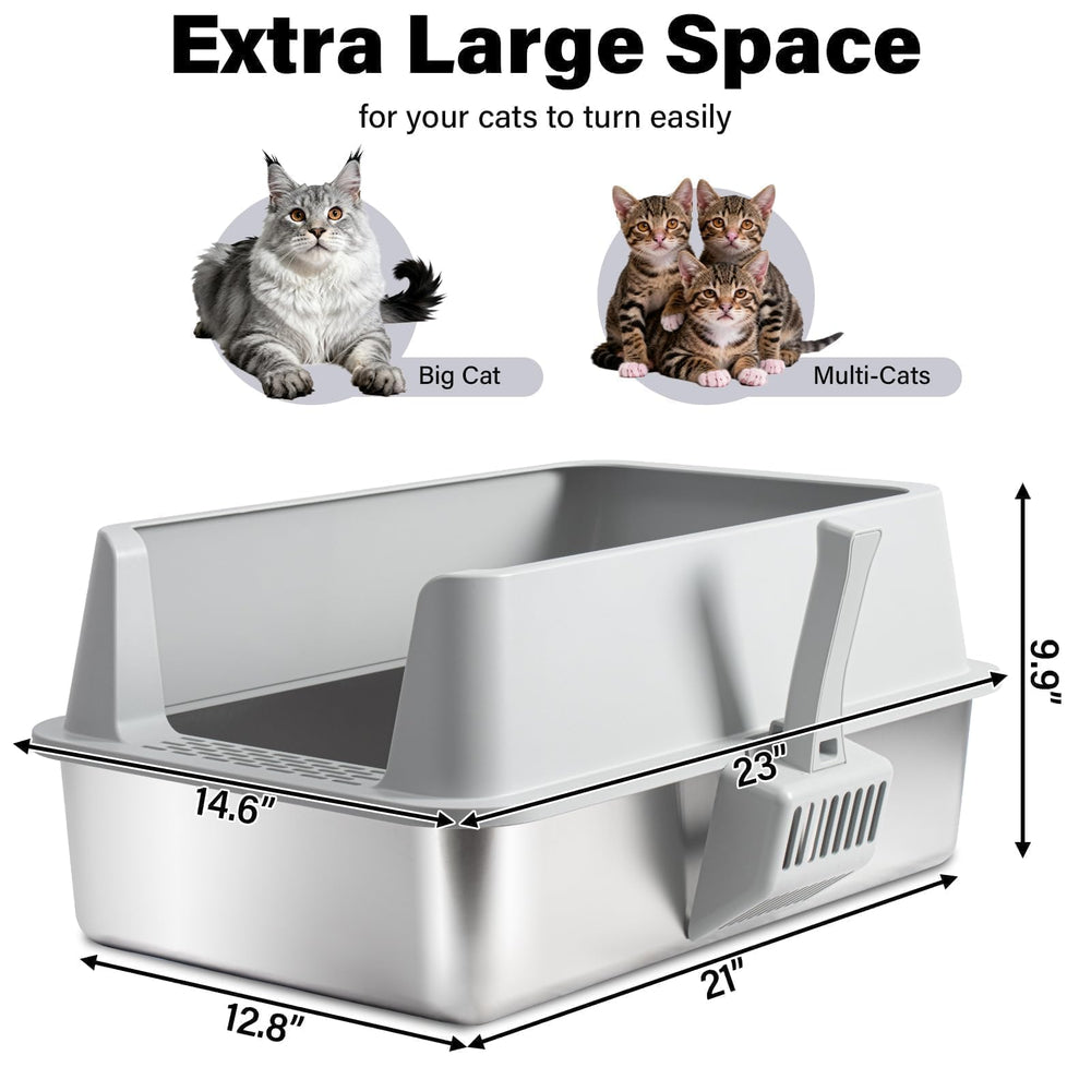 FUTAM stainless steel litter box with lid on highlights secure buckle and stability.