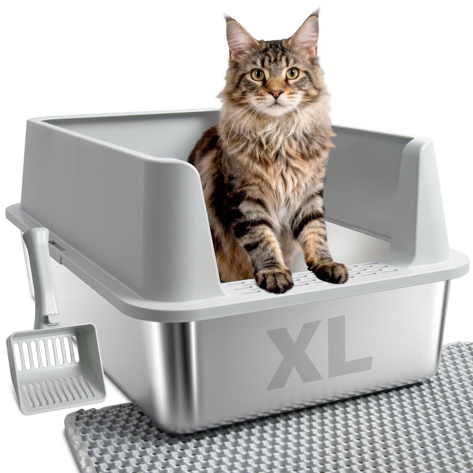 FUTAM XL open-top stainless steel litter box for quick scooping and maintenance.