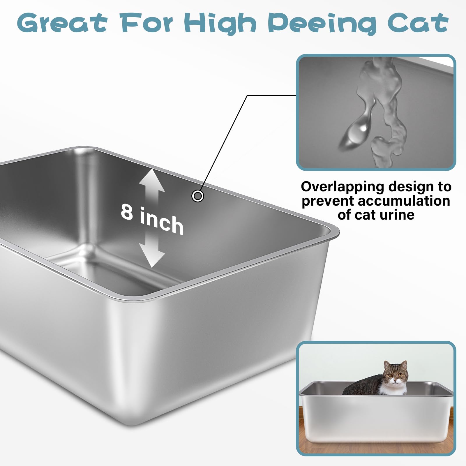 FUTAM XXL stainless steel litter box, 8-inch high rim, extra protection.