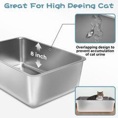 FUTAM XXL stainless steel litter box, 8-inch high rim, extra protection.