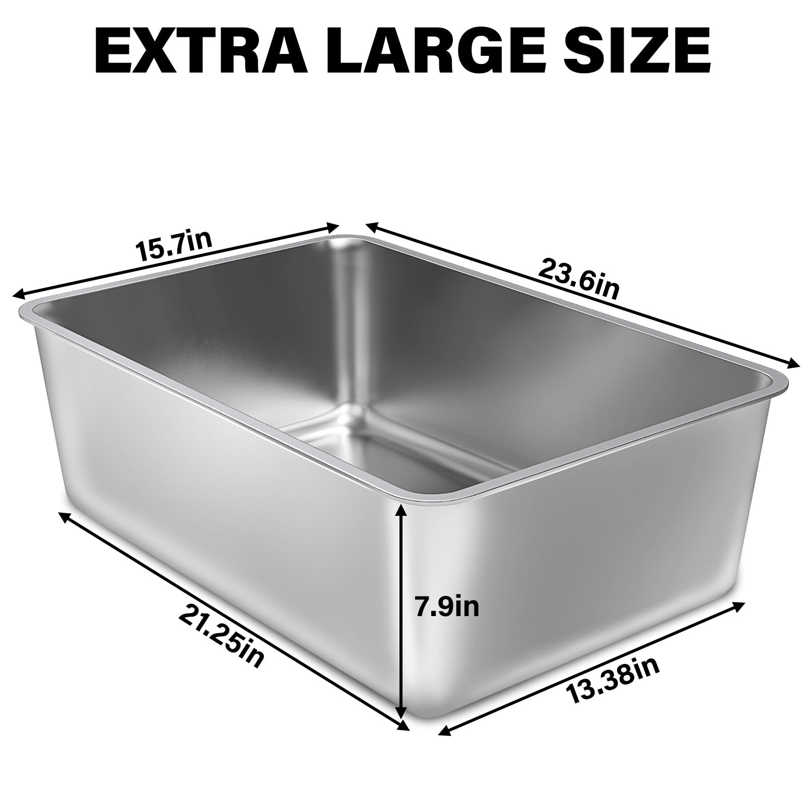 FUTAM XXL stainless steel litter box, side profile, high sides to contain mess.