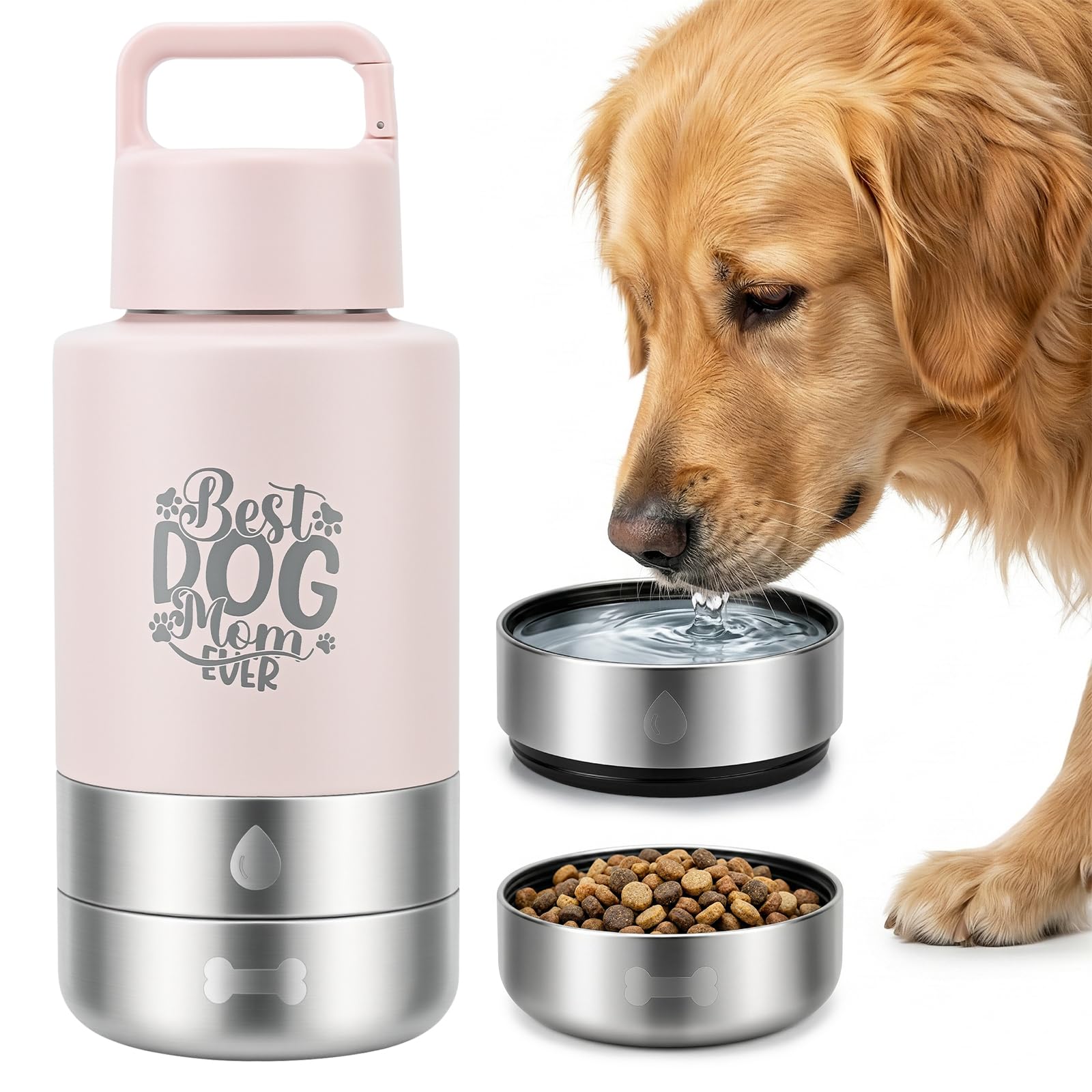 FUYEC 32oz insulated dog bottle top view with integrated bowls for travel
