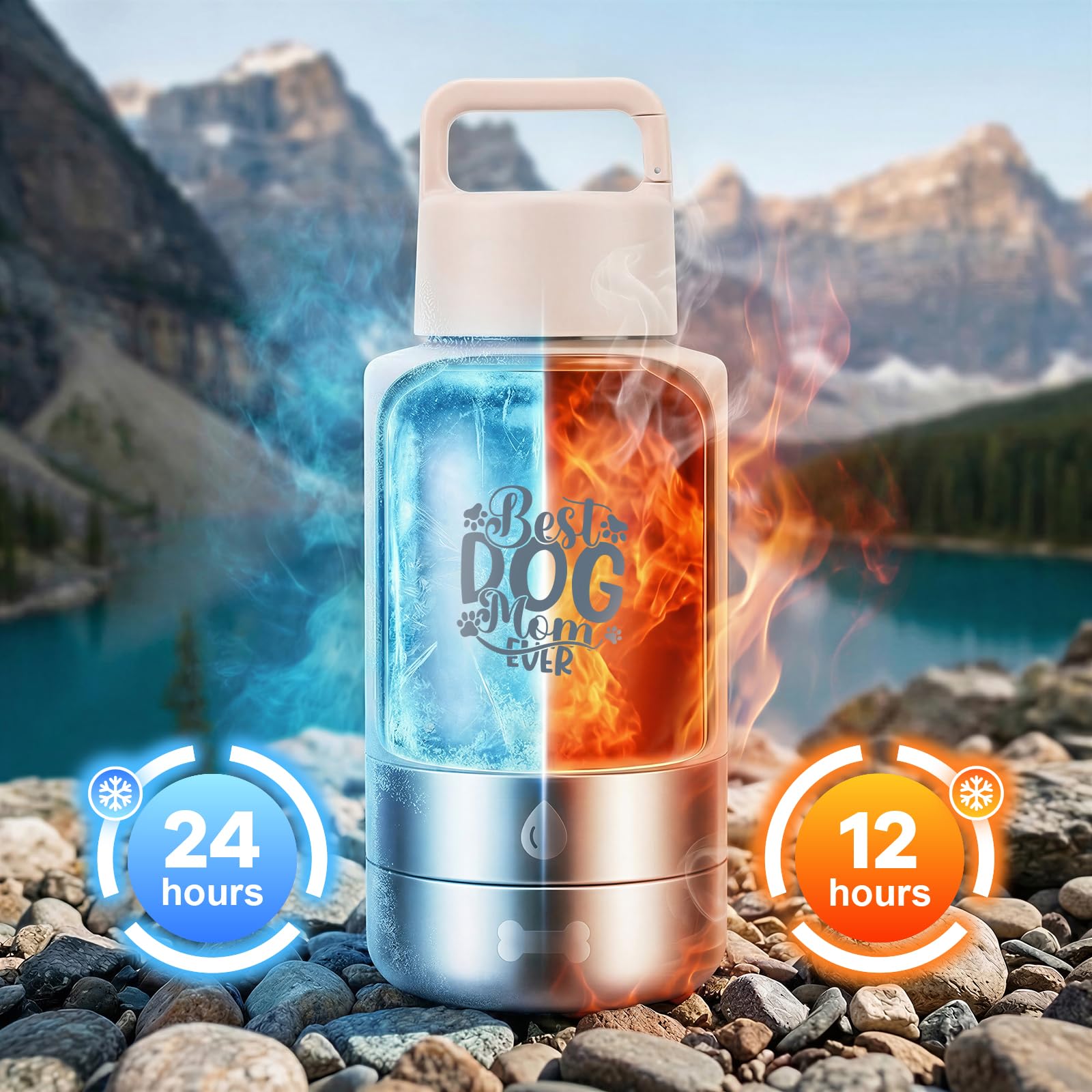 FUYEC 32oz insulated dog bottle side view showing detachable food and water bowls