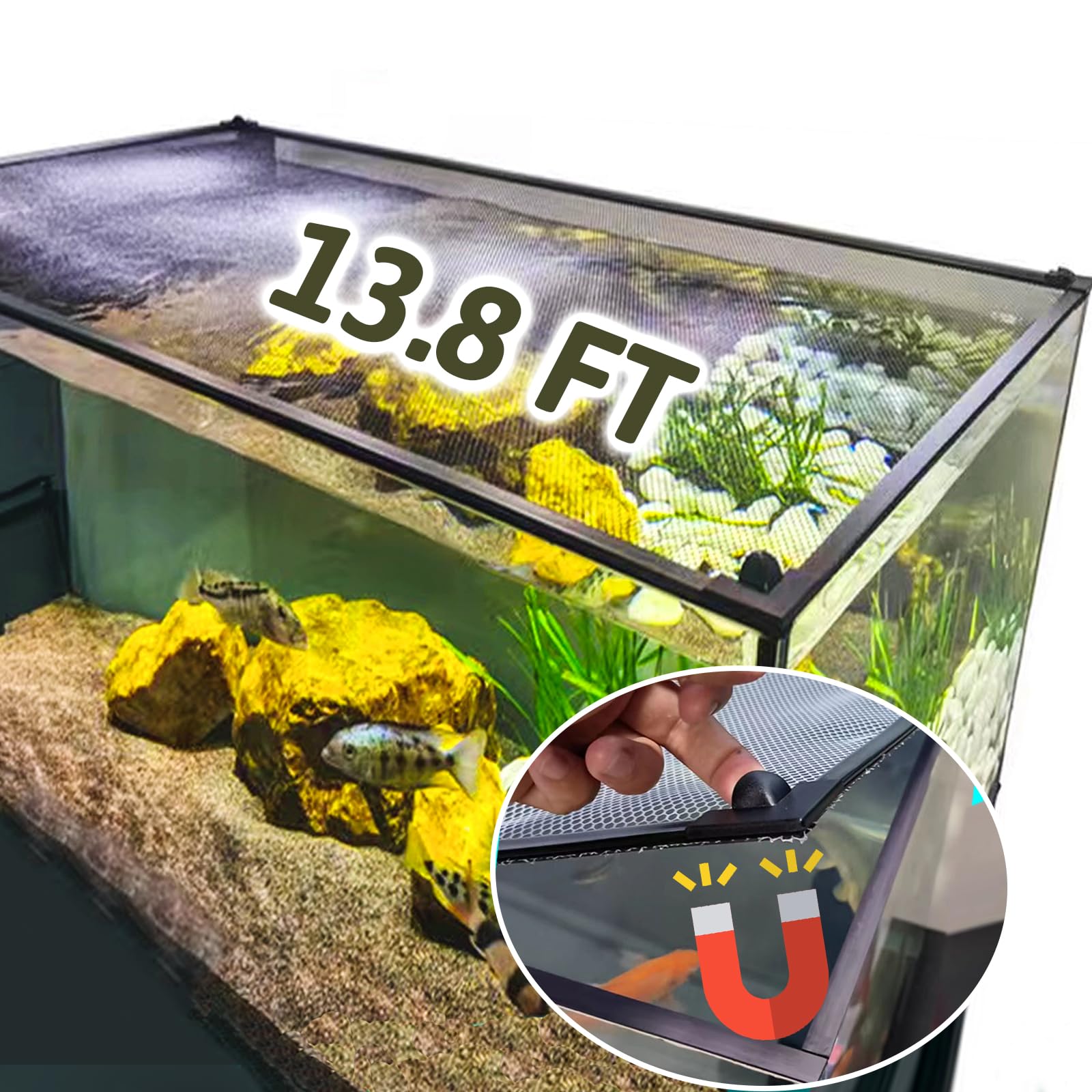 FUYITE 13.8ft magnetic aquarium top cover secures lid and reduces jump risk.