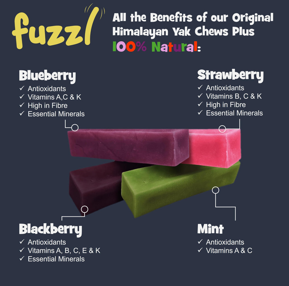 Fuzzl Yak Chews blackberry close-up, protein-rich snack for dogs