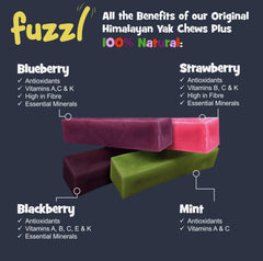 Fuzzl Yak Chews blackberry close-up, protein-rich snack for dogs