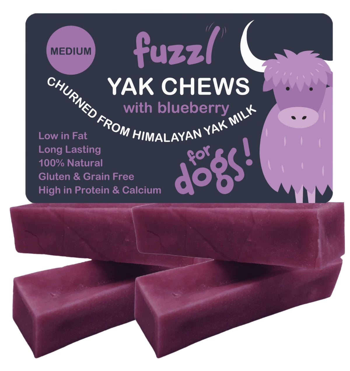 Fuzzl Yak Chews with Blueberry 4 Pack – long-lasting chew for dogs.
