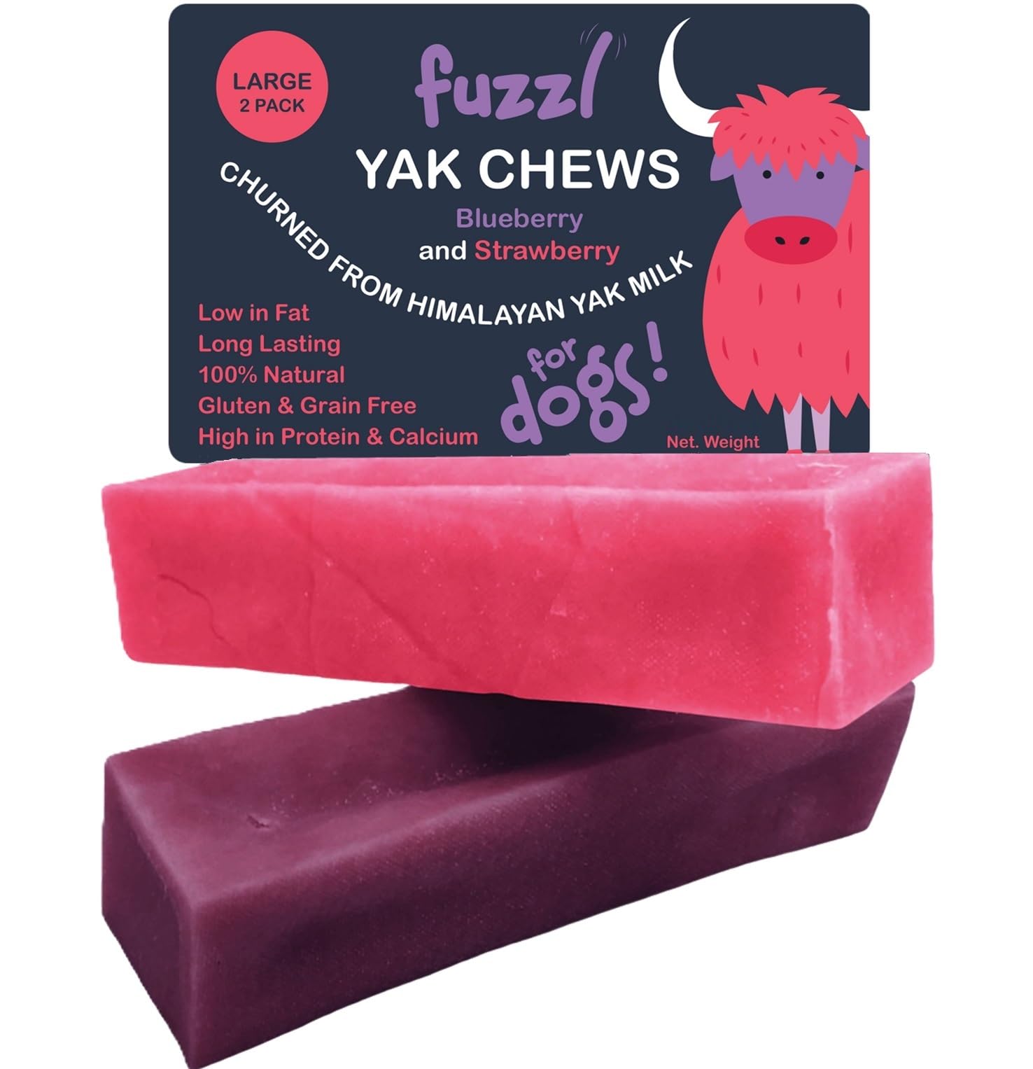 Fuzzl Yak Chews Blueberry Strawberry large pack front view, natural dog treats for dogs of all sizes.