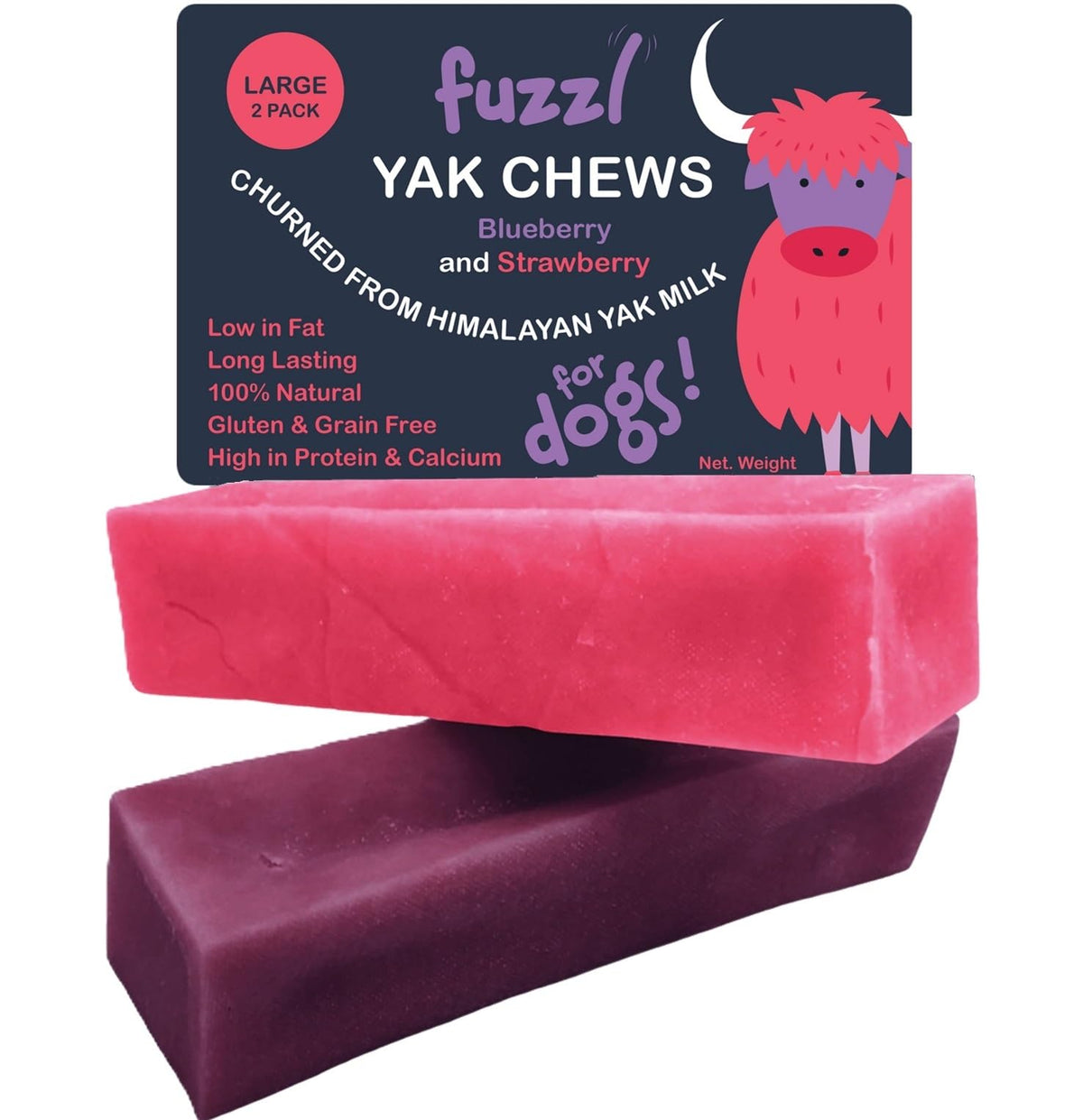 Fuzzl Yak Chews Blueberry Strawberry large pack front view, natural dog treats for dogs of all sizes.