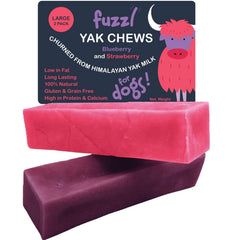 Fuzzl Yak Chews Blueberry Strawberry large pack front view, natural dog treats for dogs of all sizes.