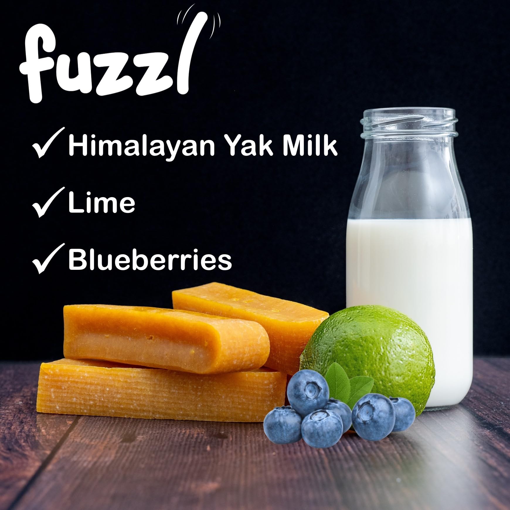 Close-up texture of Fuzzl Yak Chews with Blueberry for chewing satisfaction.