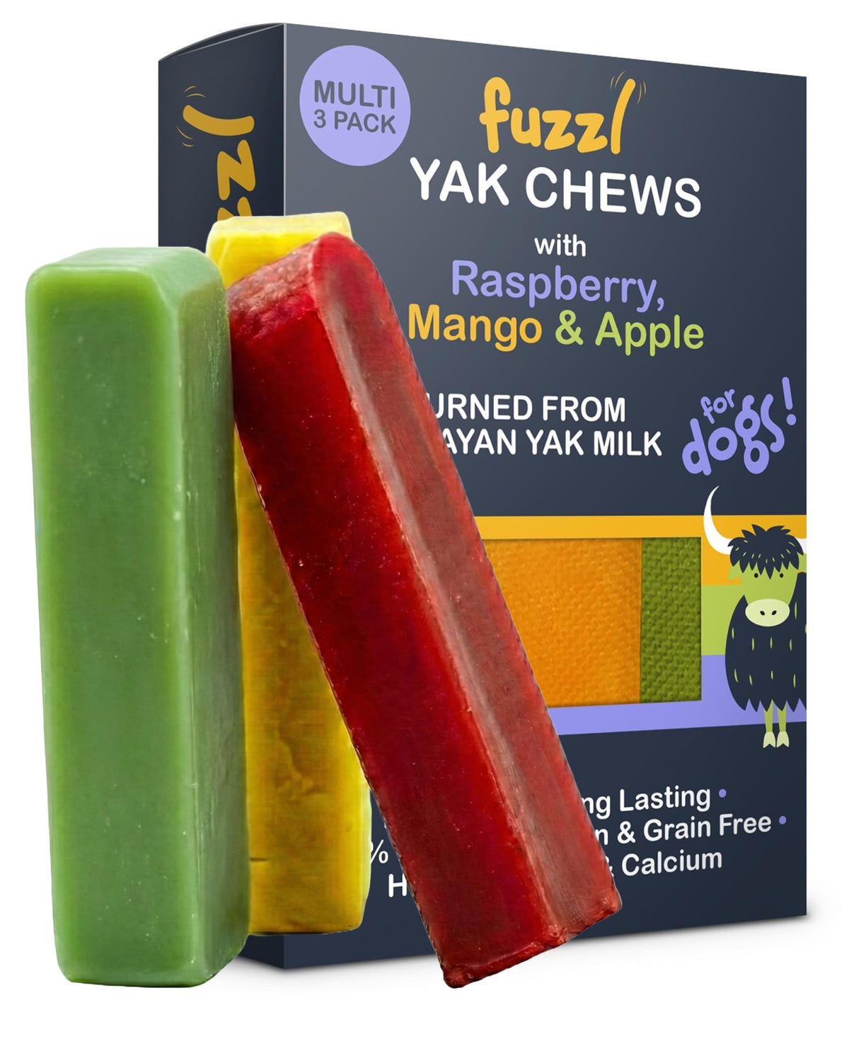 Fuzzl Yak Chews box three Raspberry Mango Apple for dogs