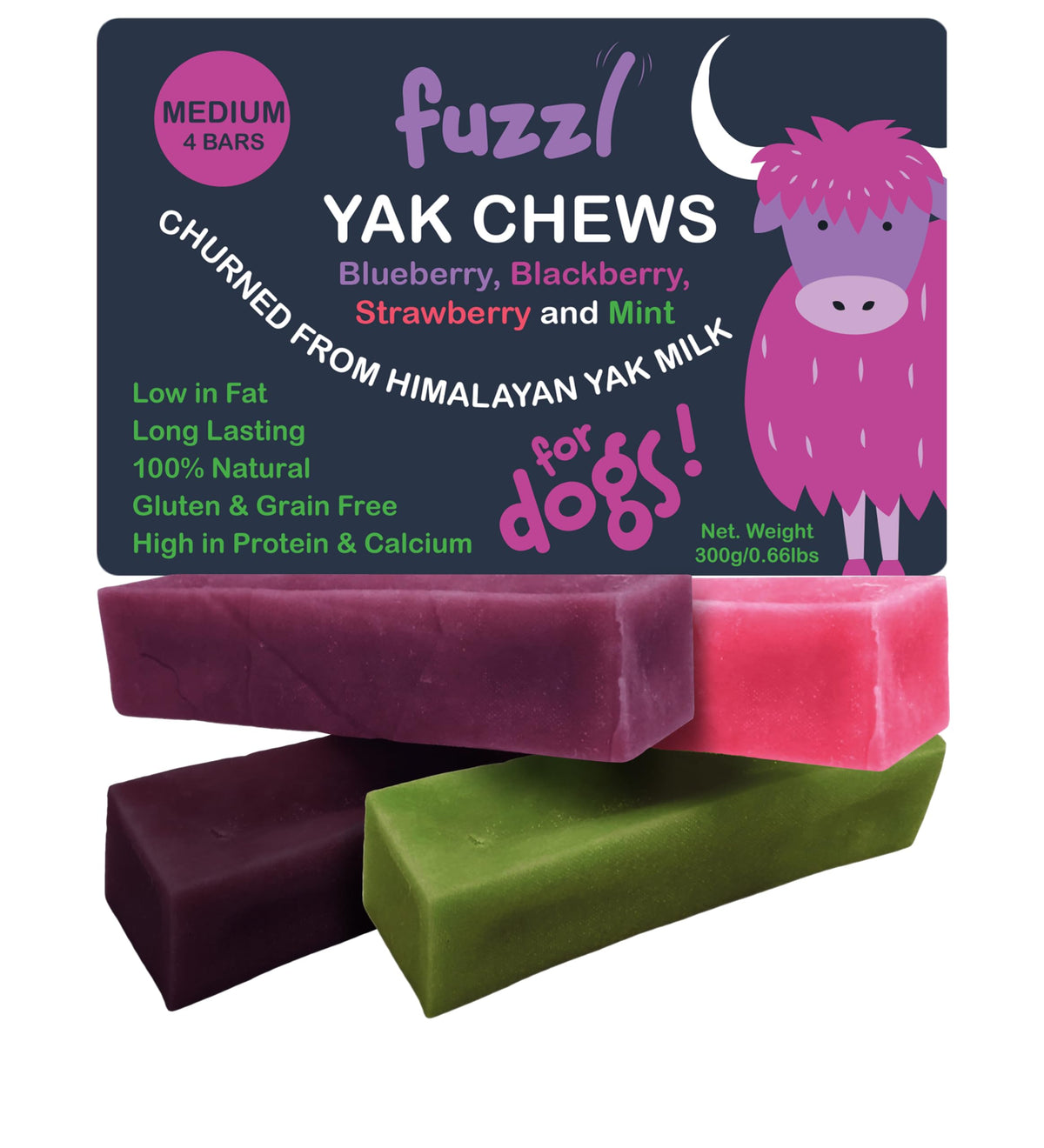 Fuzzl Yak Chews multi-flavor pack front, a natural, long-lasting dog chew