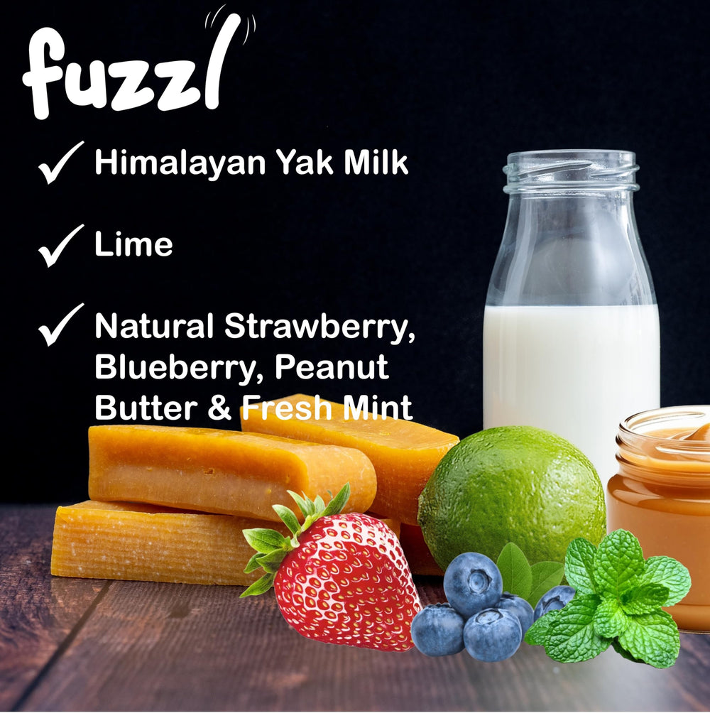 Fuzzl Yak Chews multi-flavor pack on display.