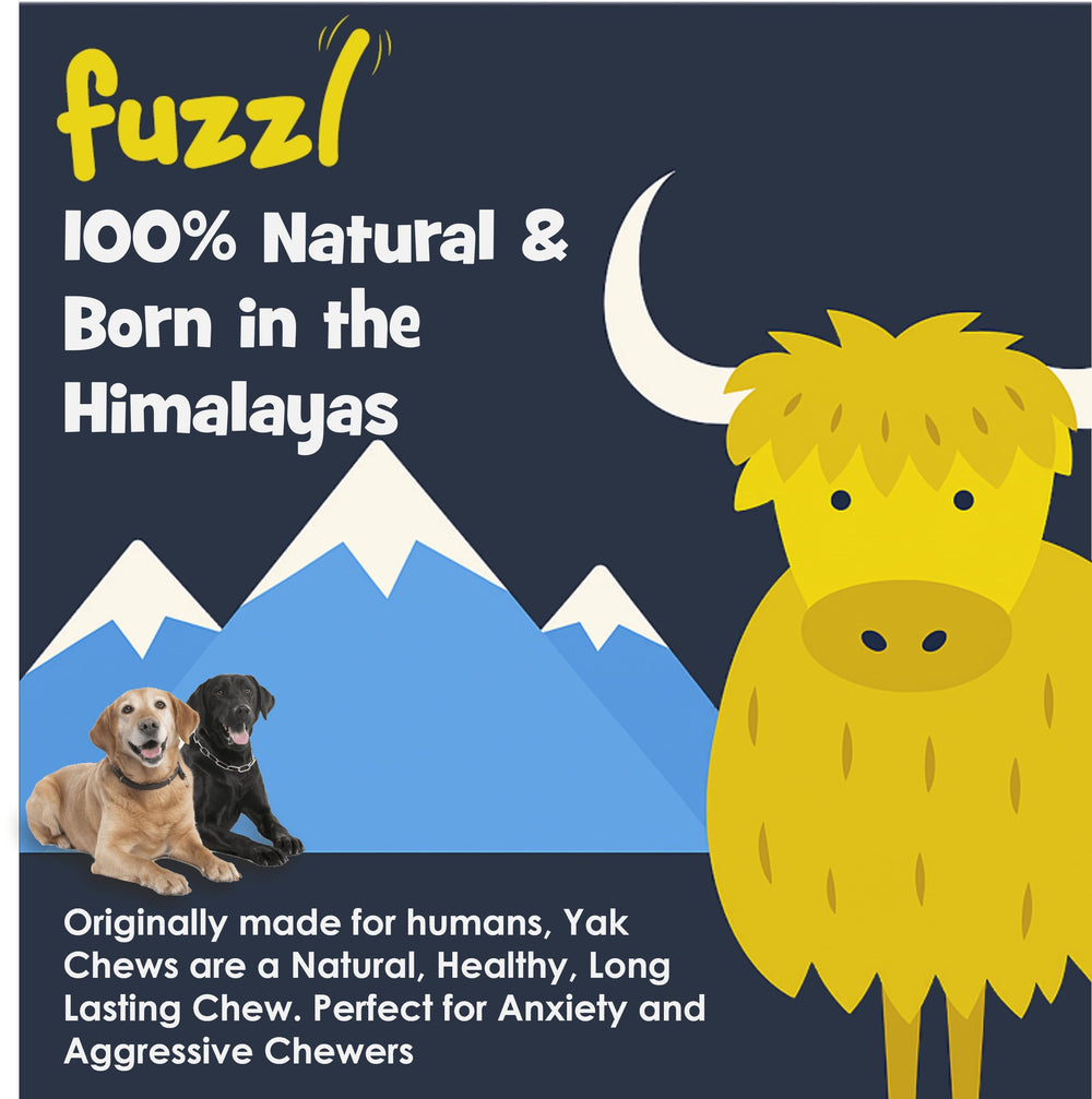 Fuzzl Yak Chews packaging side, gluten and grain-free no-hide option