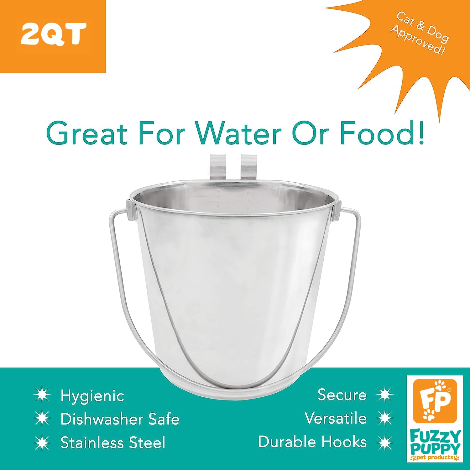 Fuzzy Puppy dishwasher-safe pail makes quick cleanup after feeding sessions.