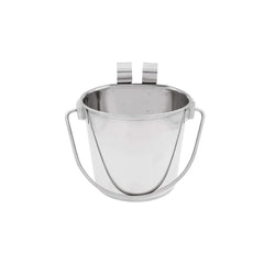 Fuzzy Puppy flat-sided pail with dual hooks attached to a crate for easy feeding.