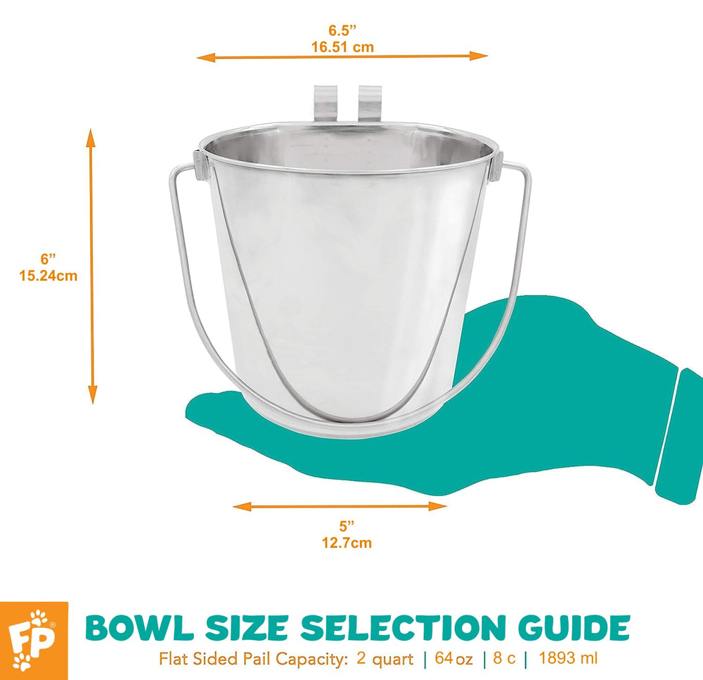 Fuzzy Puppy stainless steel pail mounted on a kennel bracket for rust resistance and easy cleaning.