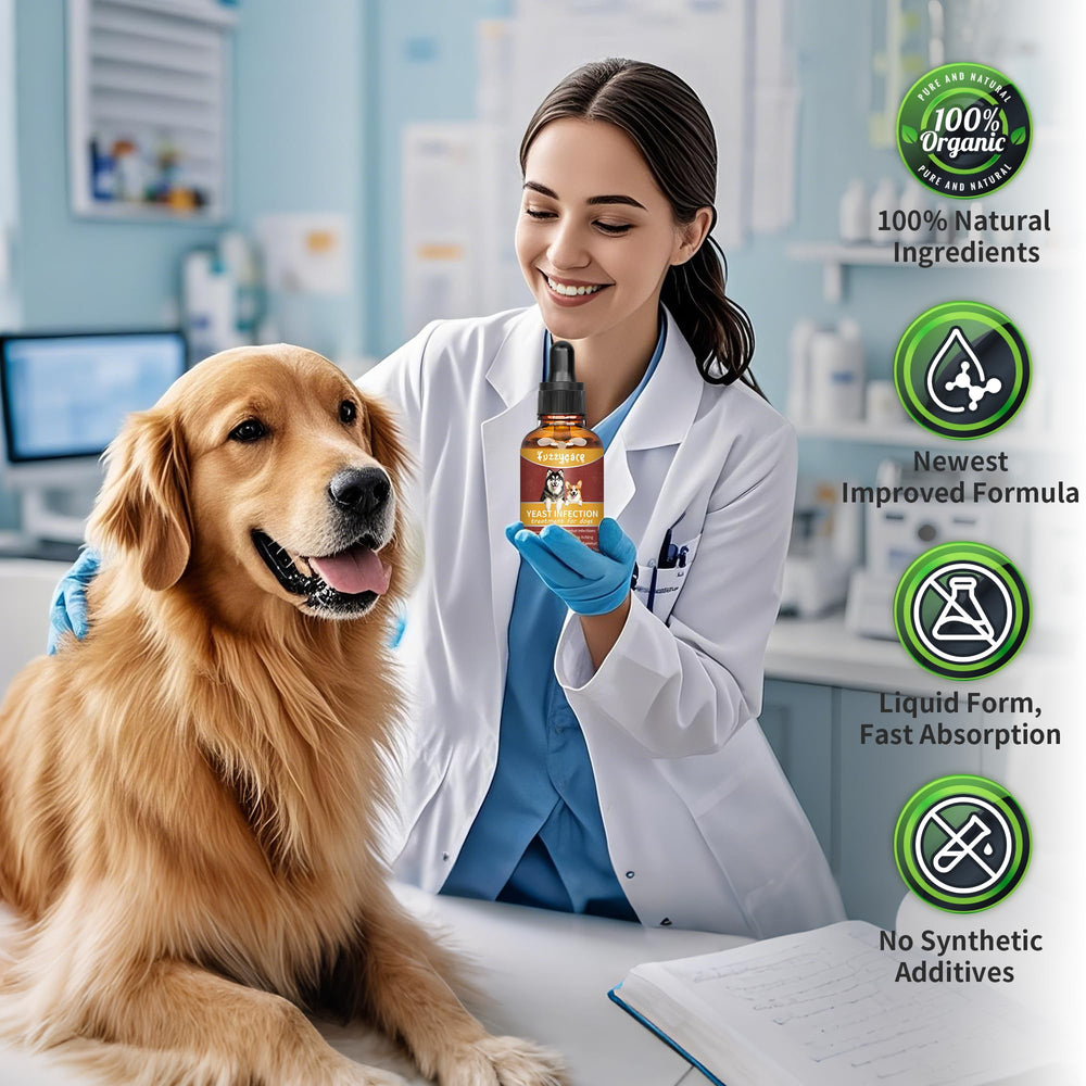 Fuzzycare product on a dog's coat conveys itch relief and comfort.