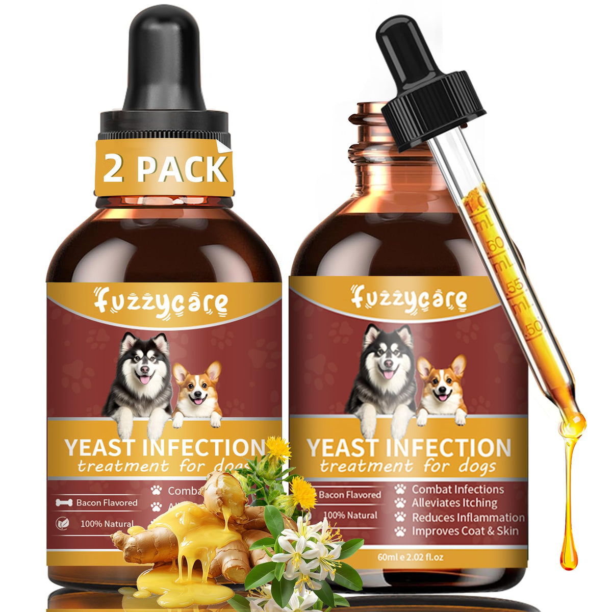 Fuzzycare dog yeast treatment bottle supports gentle ear and skin relief.