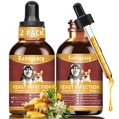 Fuzzycare dog yeast treatment bottle supports gentle ear and skin relief.