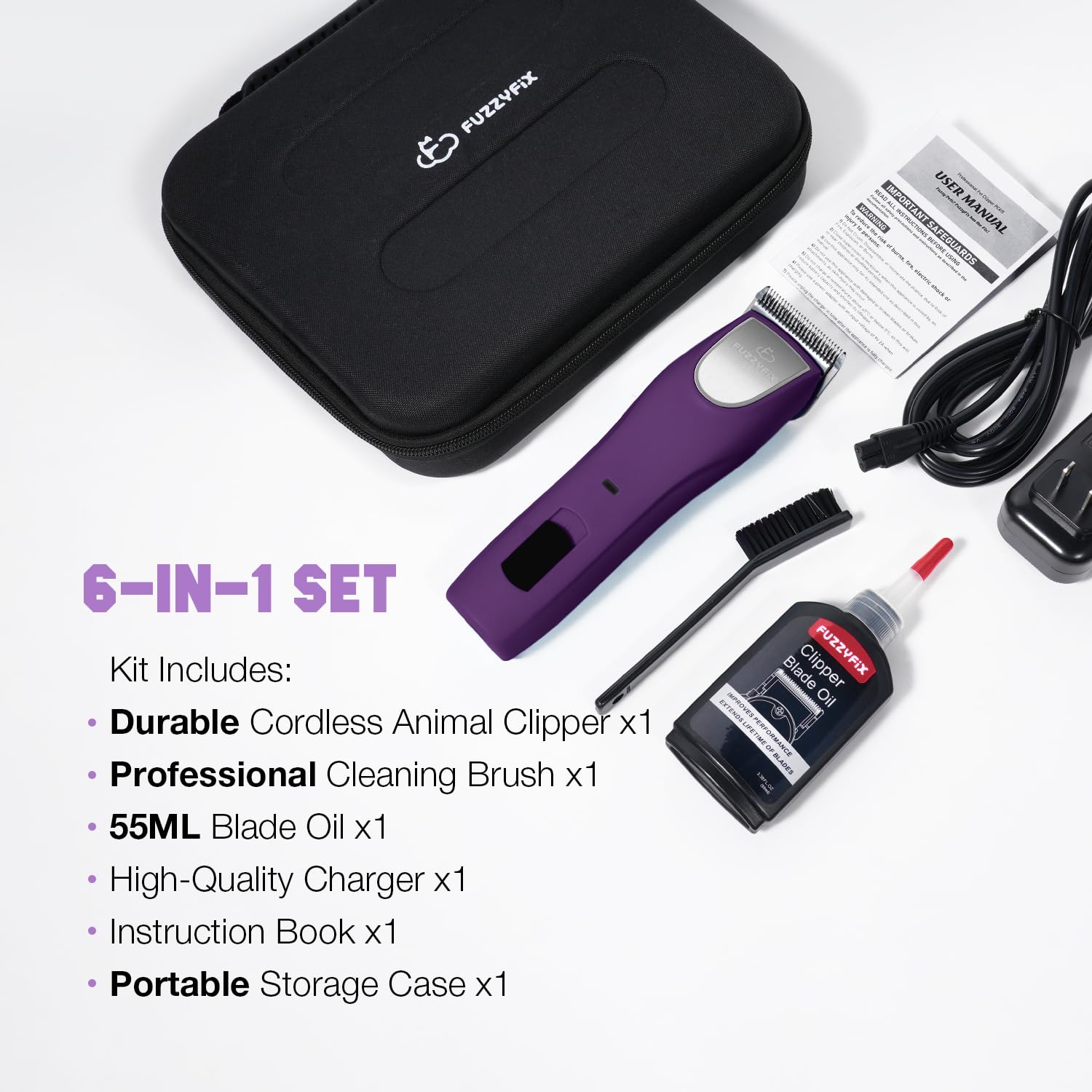 FuzzyFix 6-in-1 grooming set contents laid out for professionals