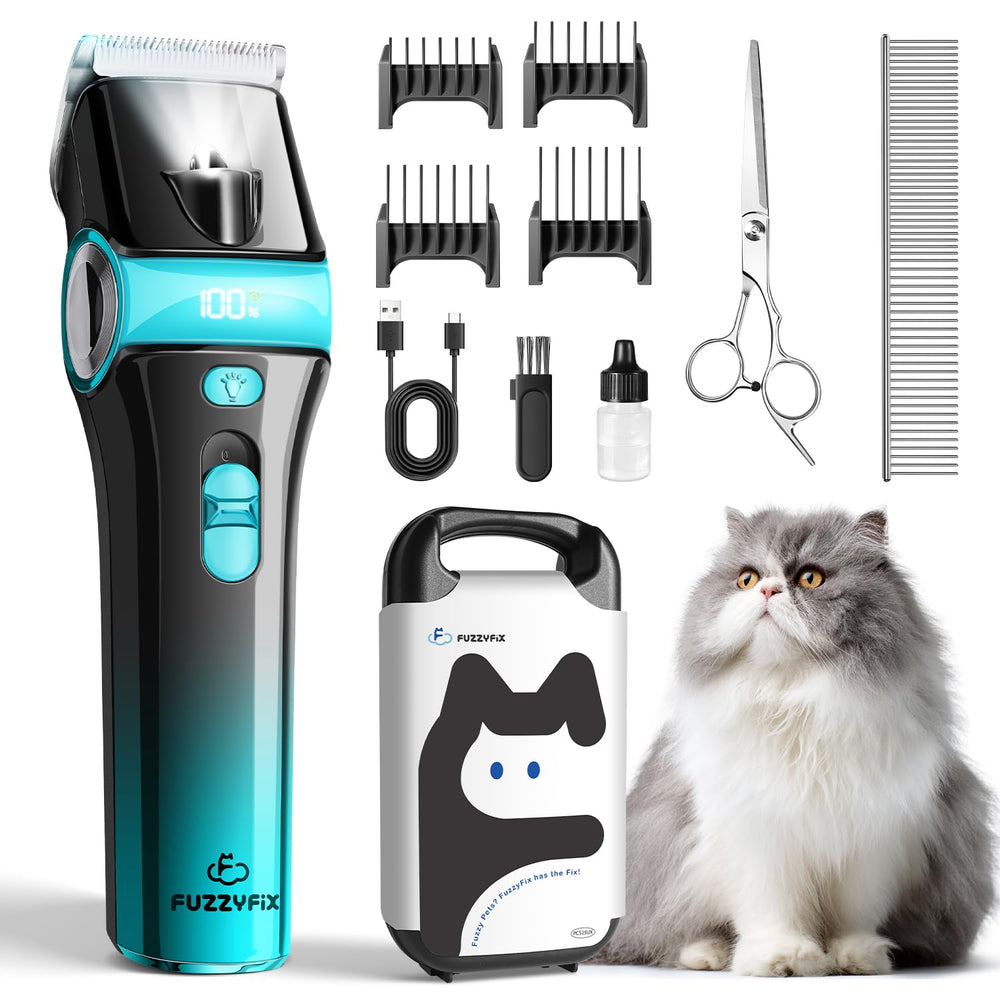 FuzzyFix cat clippers with 5-in-1 blade set for precise grooming at home.