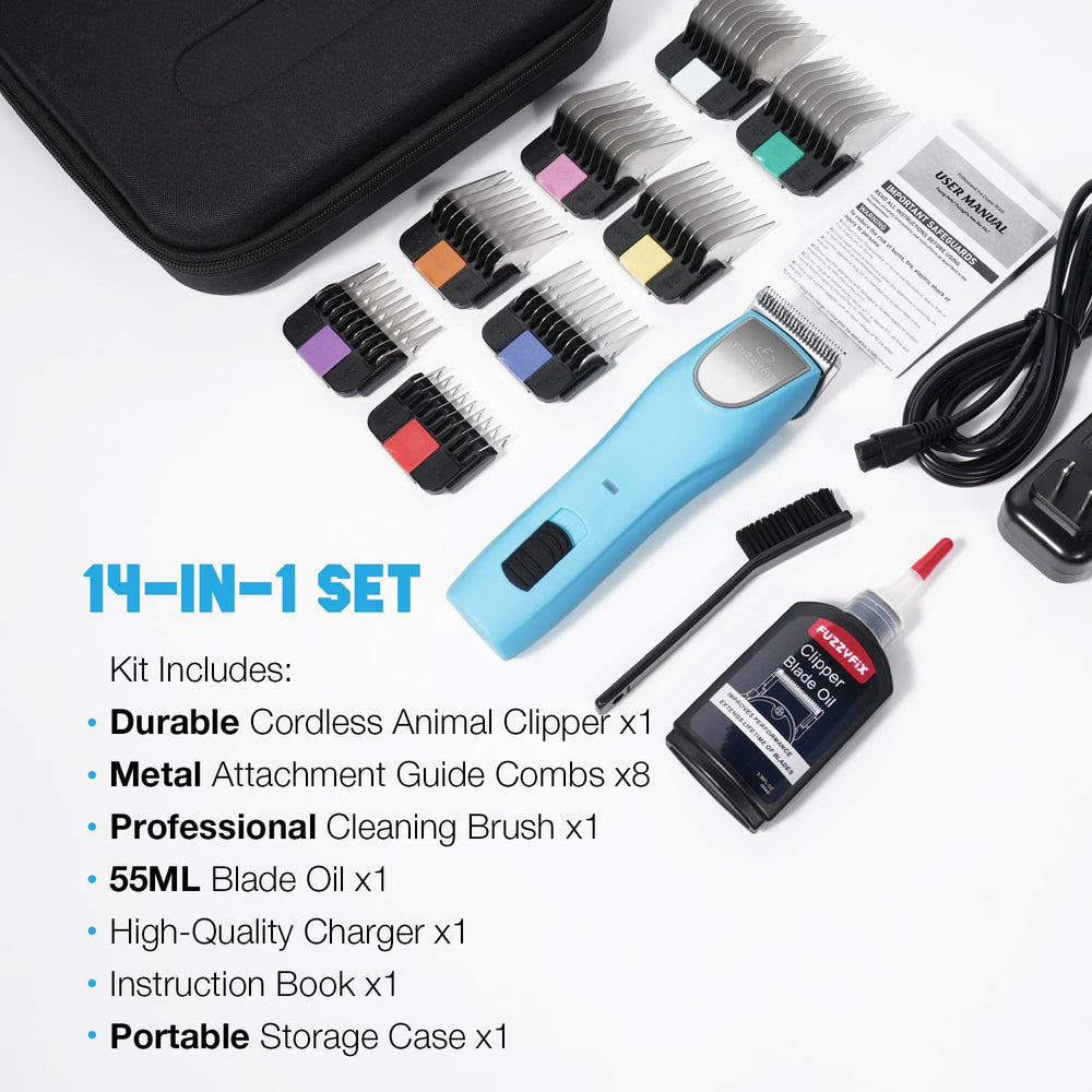 FuzzyFix portable storage case keeps tools organized for professional grooming.